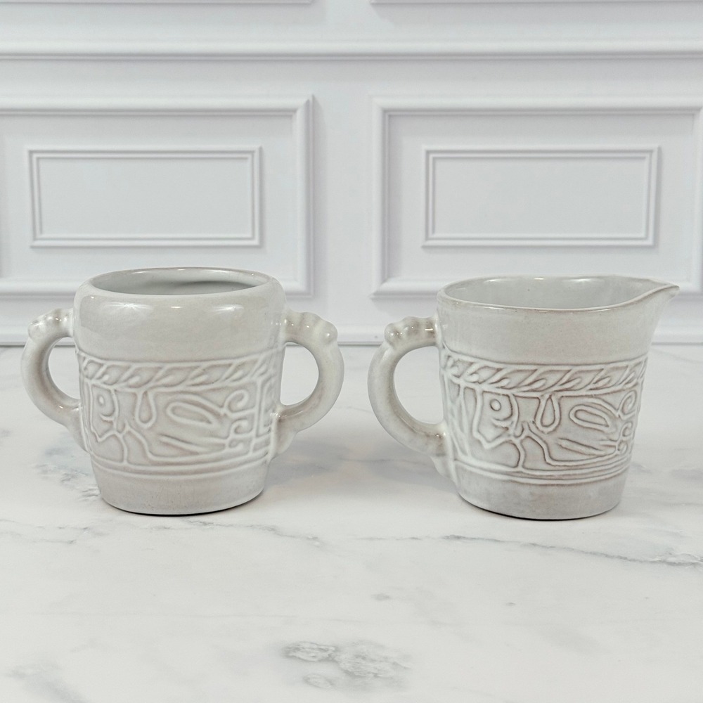 VTG Frankoma Pottery Mayan Aztec‎ Pattern Sugar and Creamer